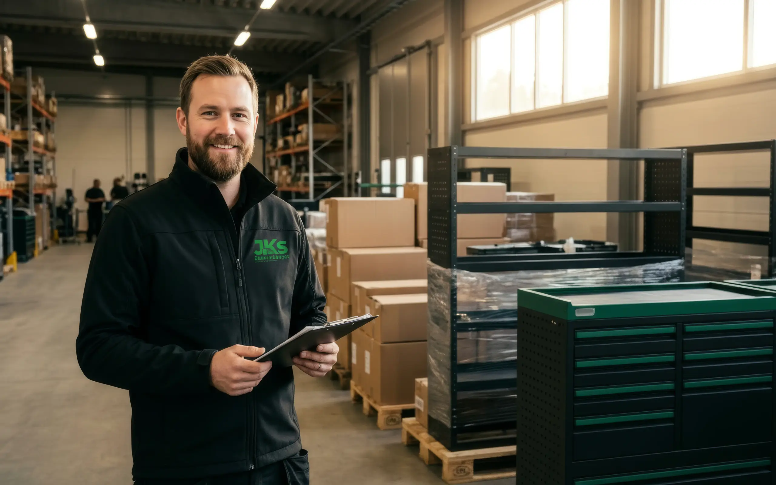 Lagerarbetare i svart JKs-workwear framför outlet-produkter